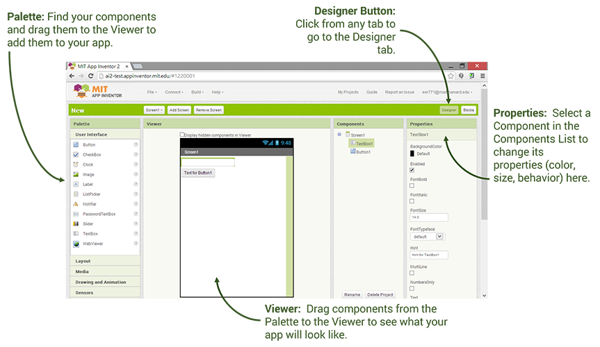 The image shows the designer view, which shows the position of components in your app.